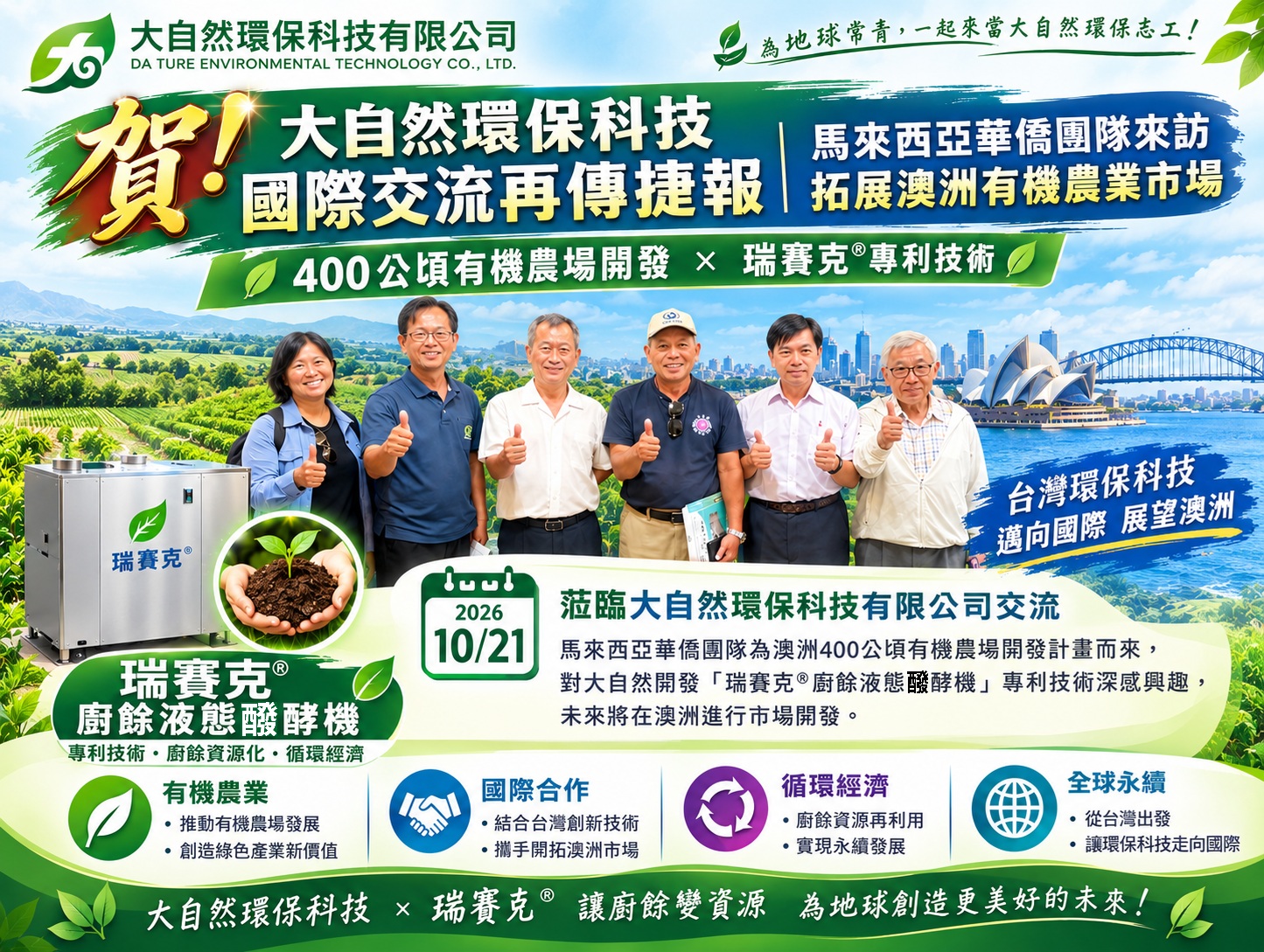 Read more about the article 跨國交流再傳捷報！大自然環保科技有限公司攜手馬來西亞華僑，拓展澳洲有機農業新契機！ (大自然環保科技有限公司)